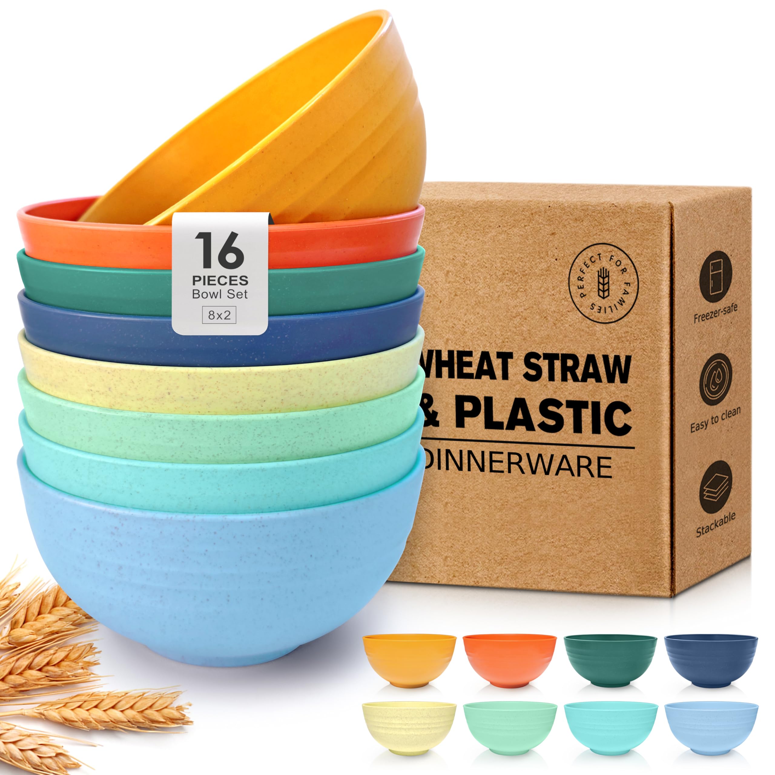 Teivio 16-Piece Cereal Bowls set in vibrant colors