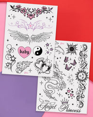 flowers angel wings butterflies designs on temporary tattoo sheet