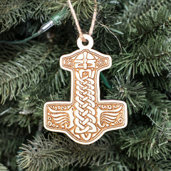Texas made ornament Mjölnir maple wood detail