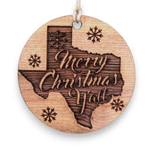 Texas Merry Christmas Y'all raw cedar ornament 3x3in front view