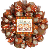 Thankful Grateful Blessed wreath 24 inch deco mesh with aluminum sign