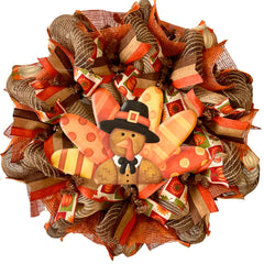 Thanksgiving Turkey Wreath 24 inch diameter with burlap deco mesh