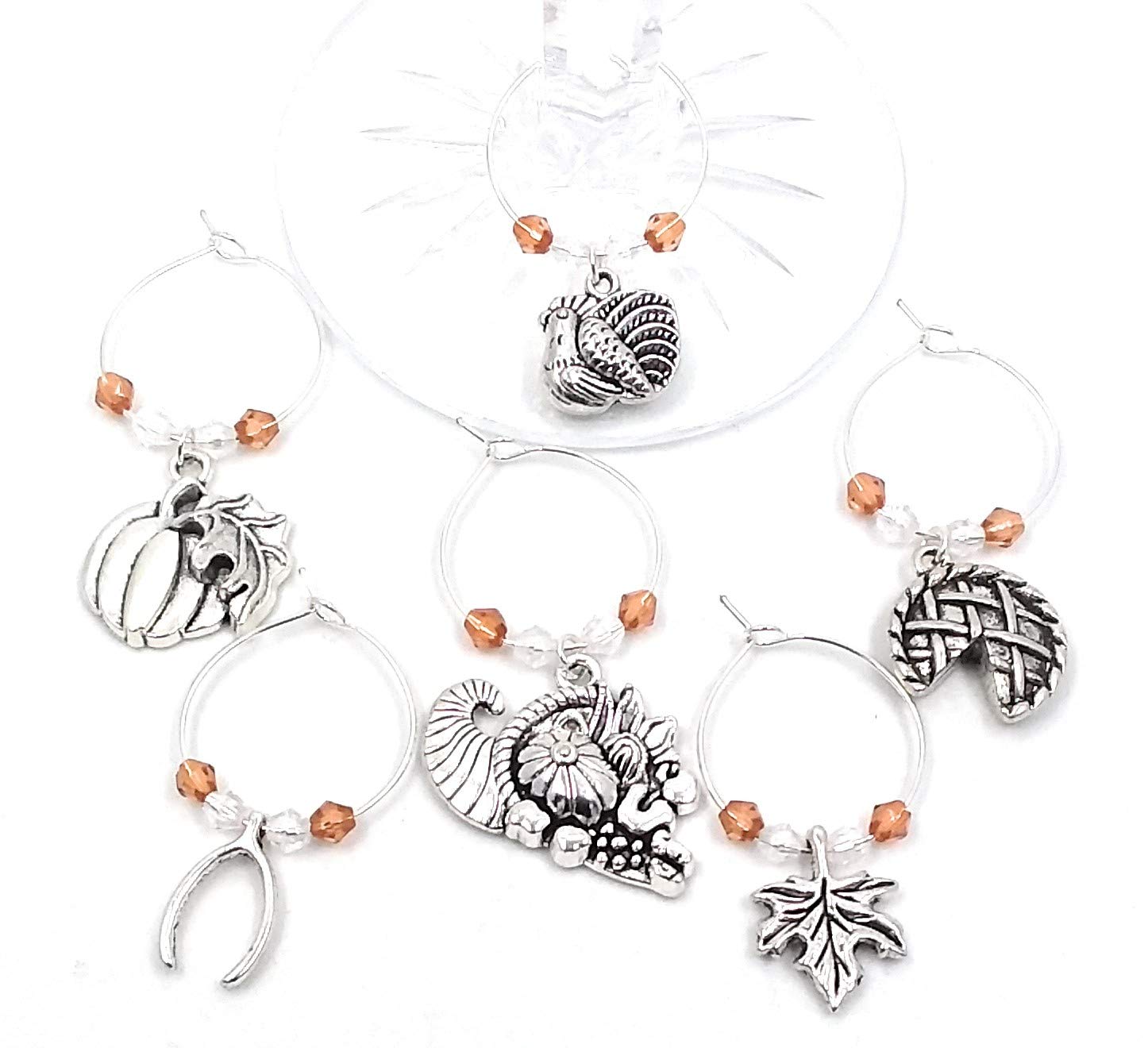 Thanksgiving wine charms pewter with turkey leaf pumpkin