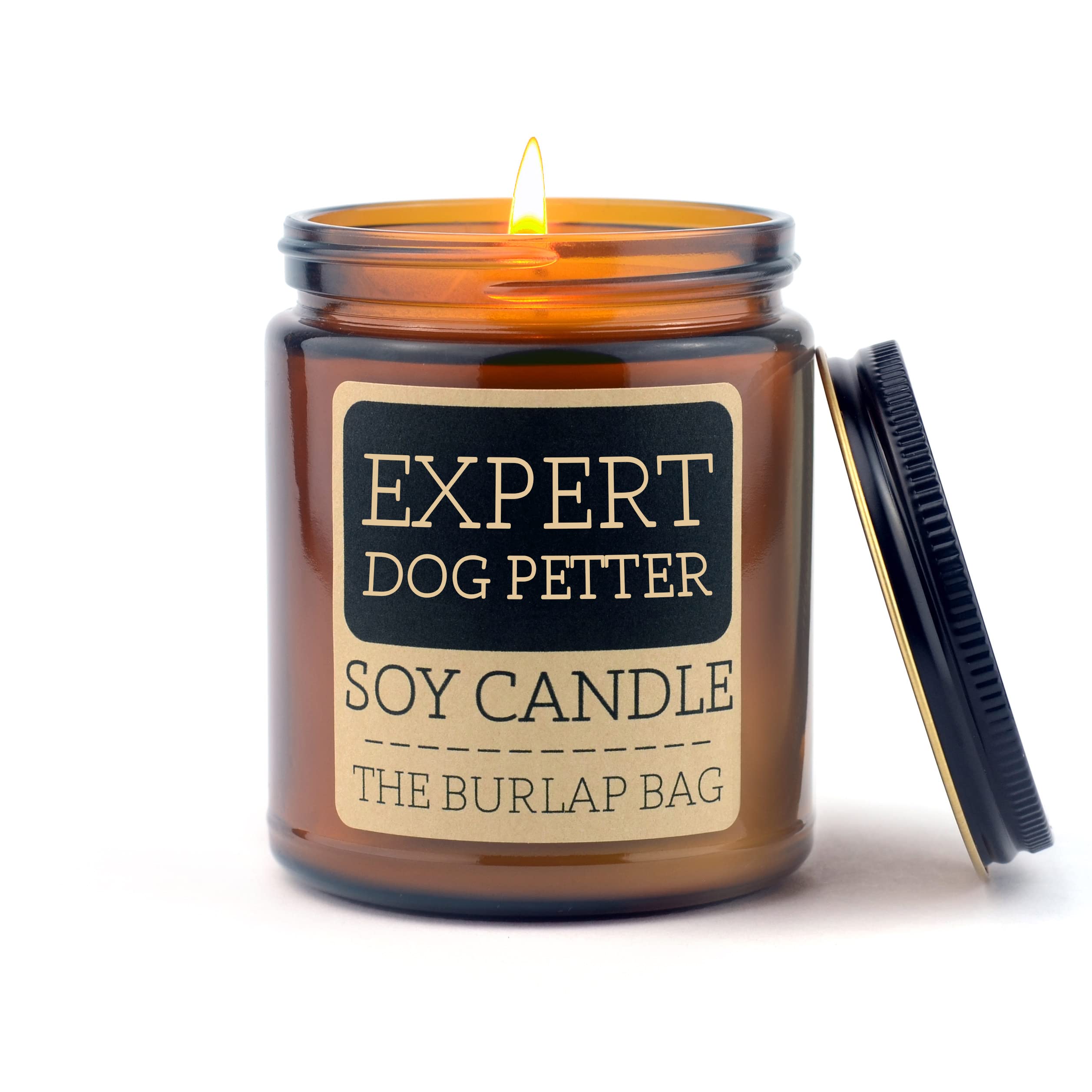 The Burlap Bag Expert Dog Petter 9oz soy candle amber glass jar with black lid