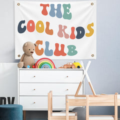 The Cool Kids Club tapestry hanging in playroom decor