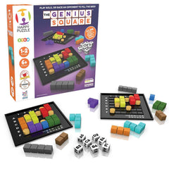 The Genius Square game box showing two grids and seven dice by Happy Puzzle Company