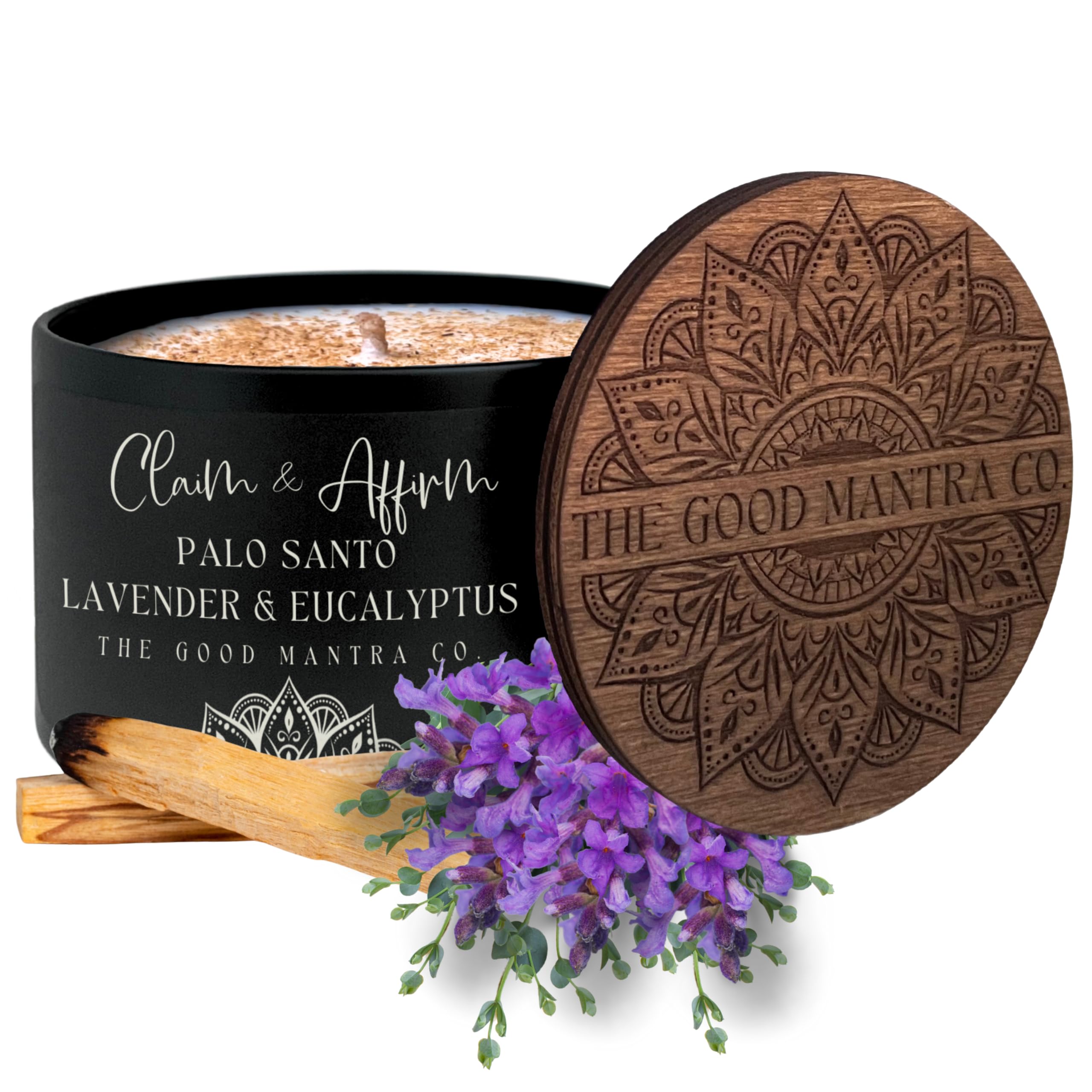 The Good Mantra Co claim affrim candle Palo Santo 7oz giftable box