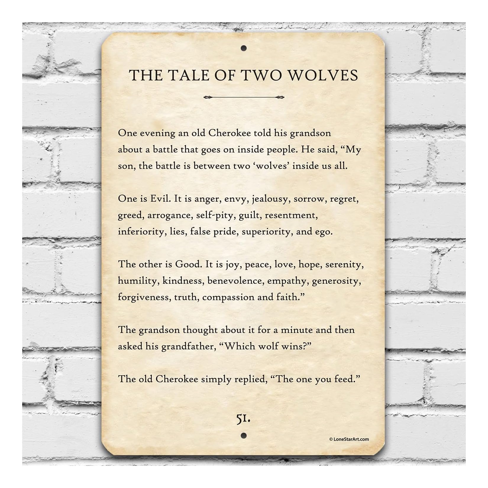 the tale of two wolves wall decor 12x18 durable metal sign