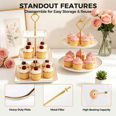 Three 2-tier round stands with gold rods