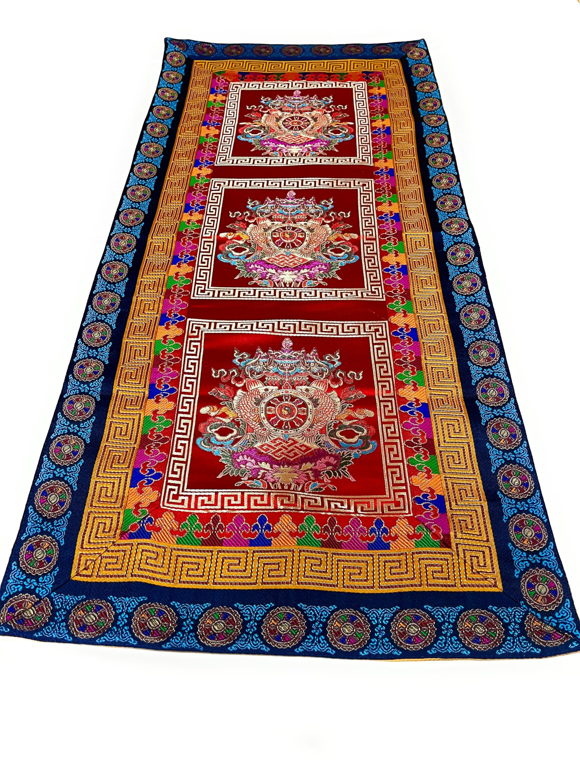 Tibetan silk brocade table runner handmade in Nepal with eight auspicious symbols