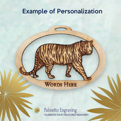 Tiger Christmas Tree Ornament size 3.6 by 2.5 inches with natural birch wood