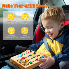 Travel friendly wooden Busy Board by TINTECUSA for plane rides