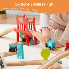 Wooden train track pieces laid out for Tiny Land set