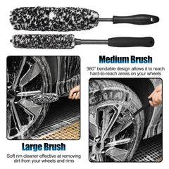 Brushes hold cleaning liquid for grime removal on wheels and tires
