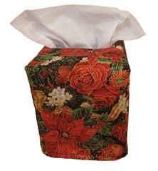 Fabric tissue box cover square with poinsettias holly berries pattern