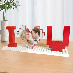 I Love U heart shaped building blocks close up with photo print