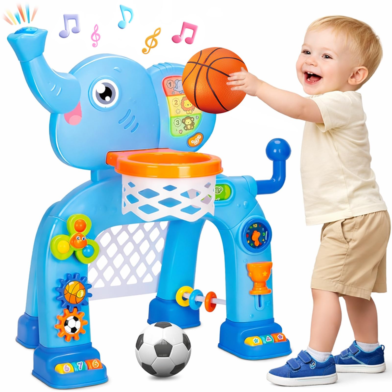 blue elephant themed toddler basketball hoop and soccer goal