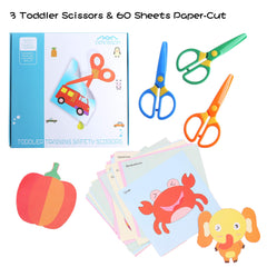 Three colorful scissors with ergonomic handles for left or right handed children