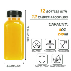 TOMNK 8oz plastic juice bottles with tamper-evident caps