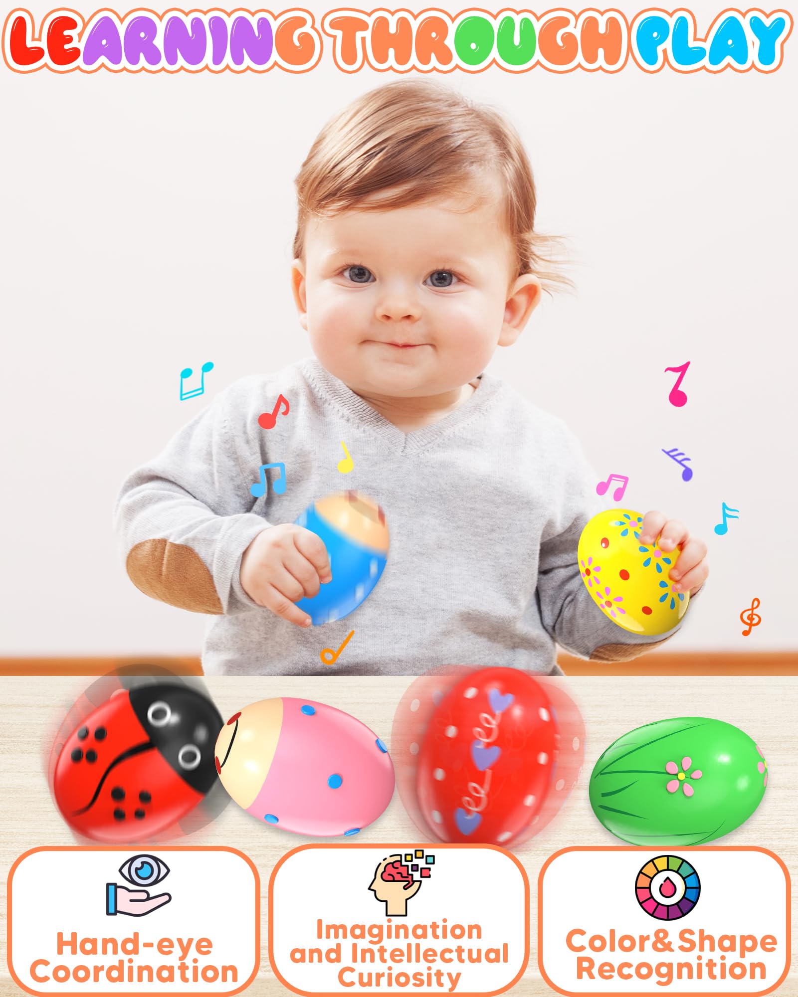 Tonberless 6 pack wooden percussion shaker set with six Easter eggs