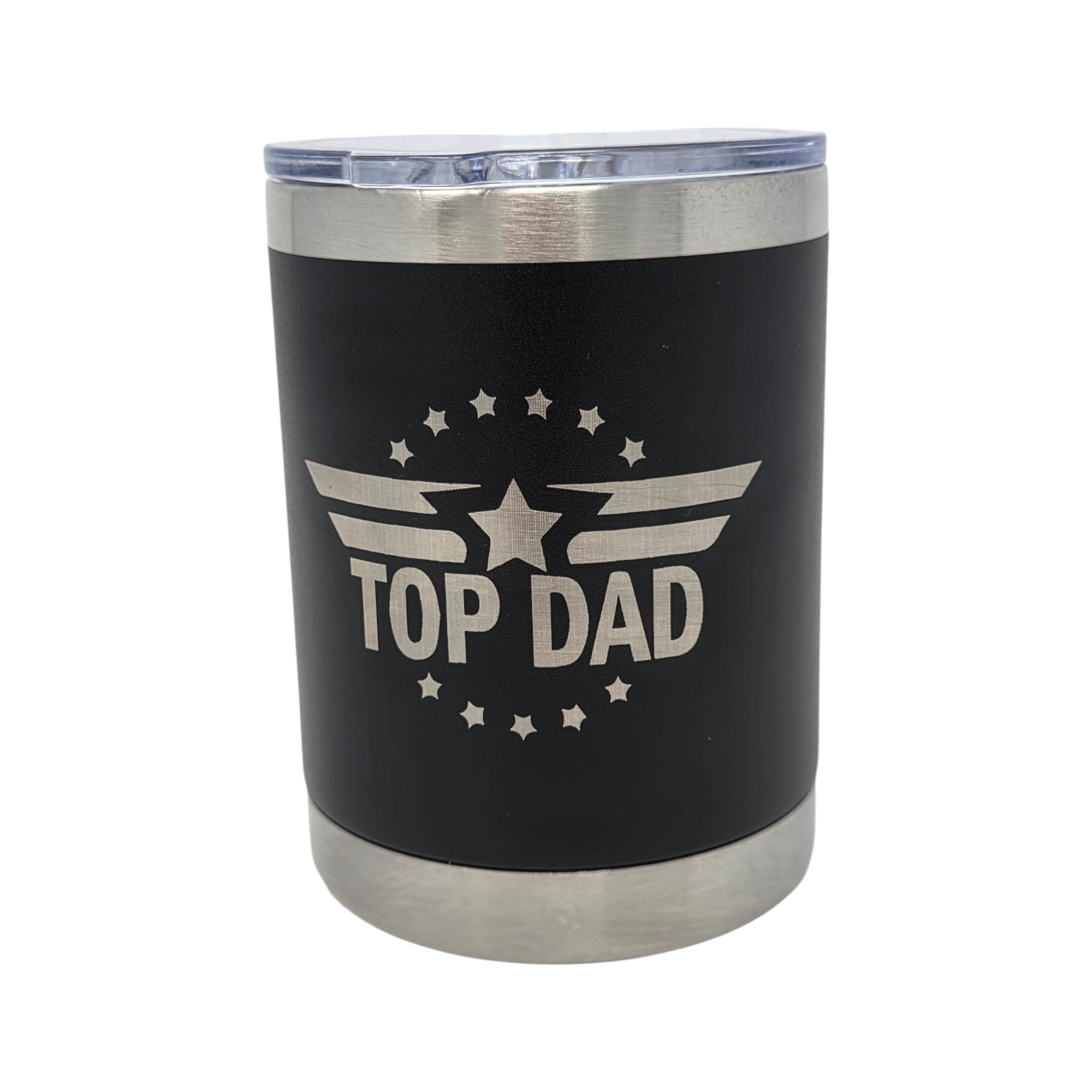 Top Dad whiskey tumbler laser engraved design on black finish