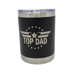 Top Dad whiskey tumbler laser engraved design on black finish