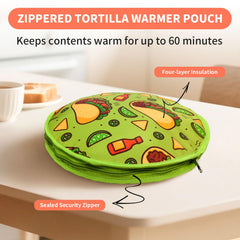 Tortilla warmer pouch holds 10 to 15 tortillas