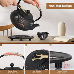 Tovacu Cast Iron Teapot with Stainless Steel Filter and hemp handle