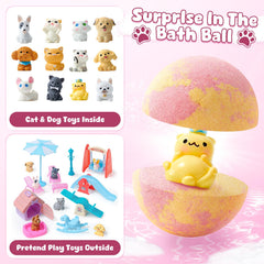 12 colored ball shaped bath bombs with puppy and kitty toys inside