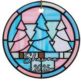 Transgender pride ornament front view with pastel pink blue white tree design