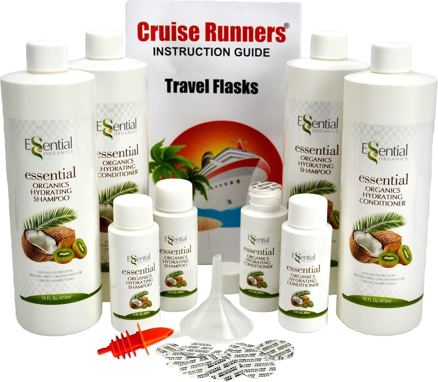 Cruise Runners compliant travel flask kit with four 17.3 oz bottles