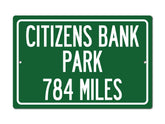 Personalized highway distance sign for Citizens Bank Park on aluminum