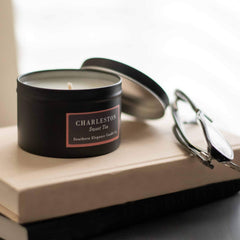 Travel Tin 6 oz scented candle with currant white tea notes