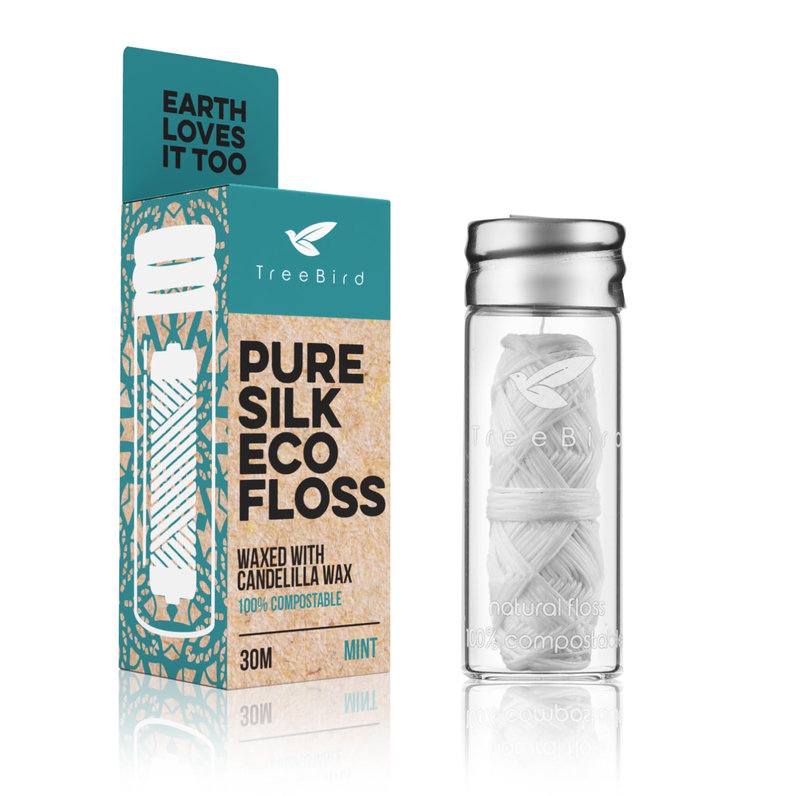 TreeBird Pure Silk Eco Floss in refillable glass dispenser