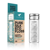 TreeBird Pure Silk Eco Floss in refillable glass dispenser