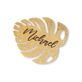 Tropical wedding name cards monstera leaf name tag on wood