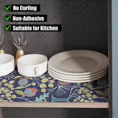 Blue floral non adhesive shelf liner for kitchen cabinets