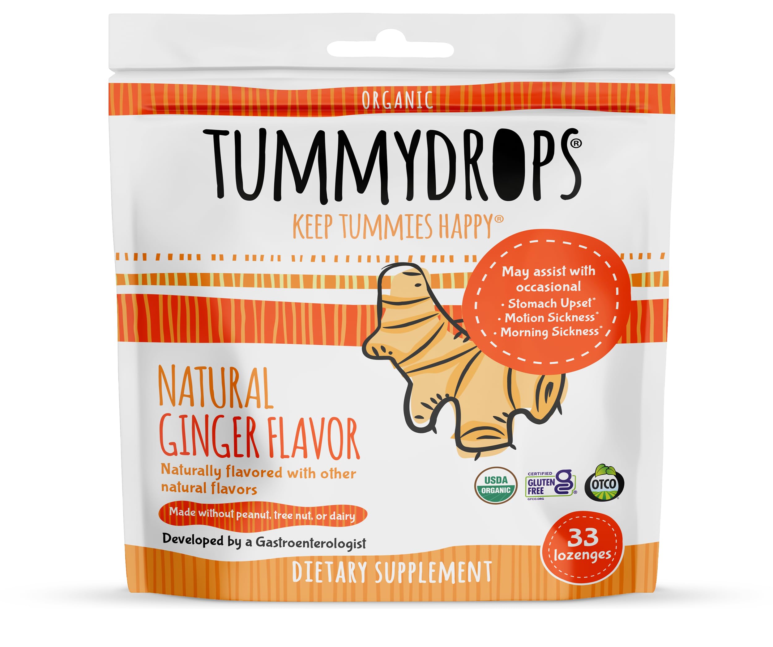 Tummydrops natural ginger lozenges 33 ct packaging