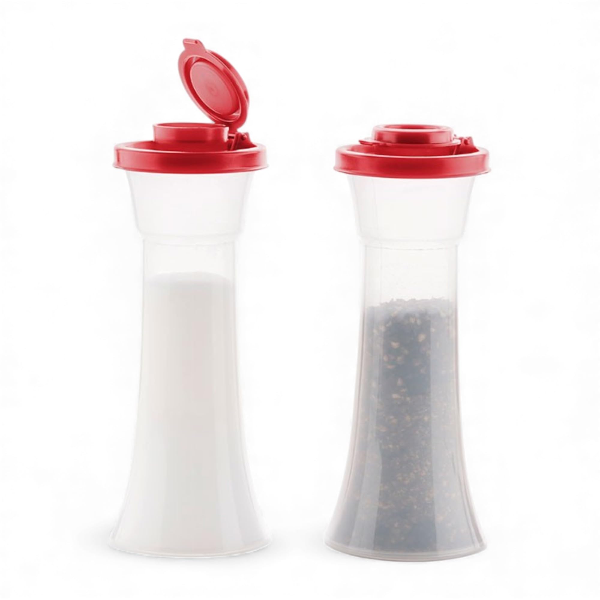 Tupperware Large Hourglass Salt and Pepper Shakers with Raspberry Red Seals