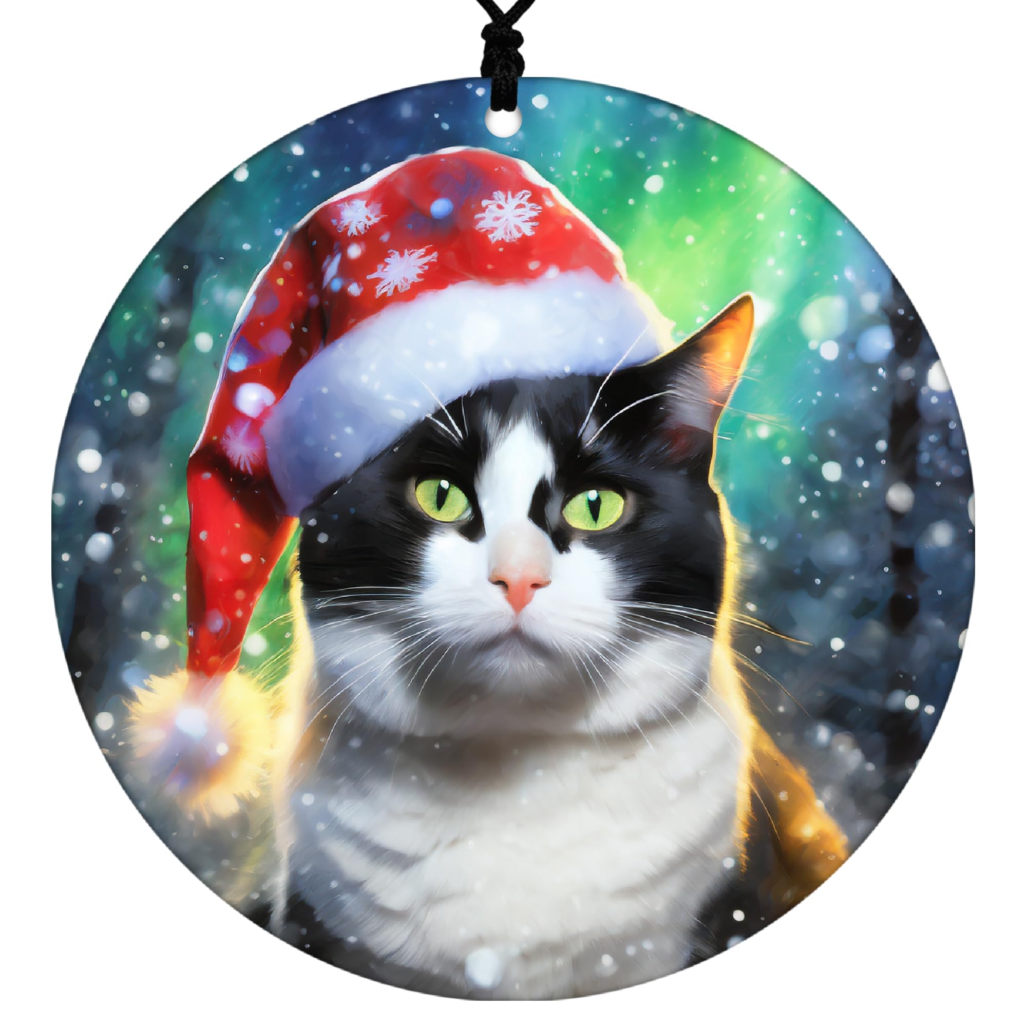 Tuxedo Cat Christmas Ornament with Santa hat and northern lights