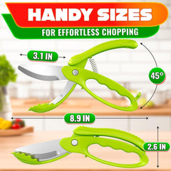 Curved design salad scissors shown chopping ingredients in a bowl
