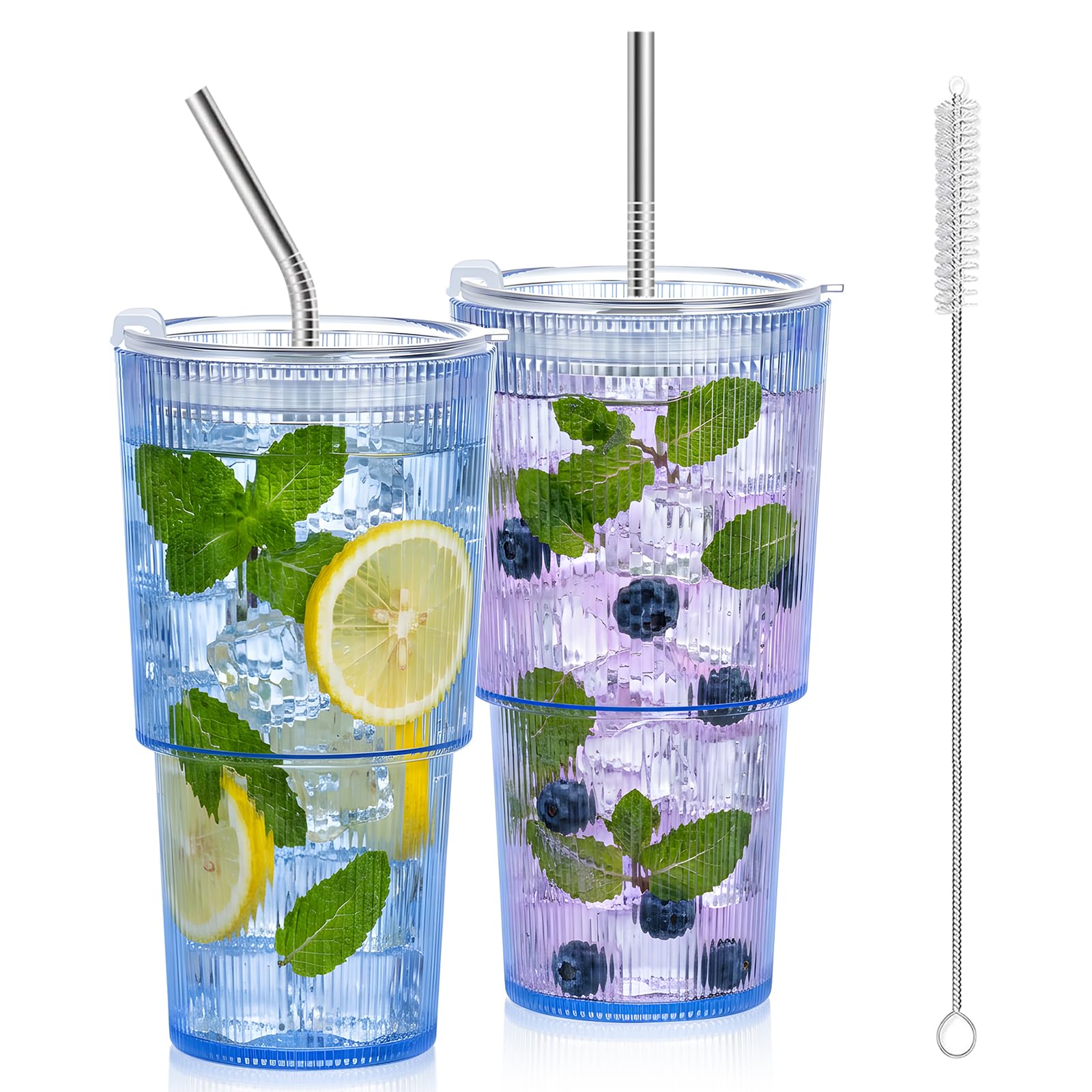 Two blue 20oz plastic ribbed tumblers with lids and straws