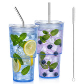 Two blue 20oz plastic ribbed tumblers with lids and straws