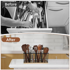 Farmhouse style utensil storage metal with wood base