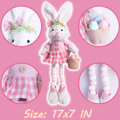 handmade bunny gnomes with plaid skirt and straw hat