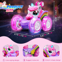 pink unicorn RC car featuring 360 rotation and upright driving