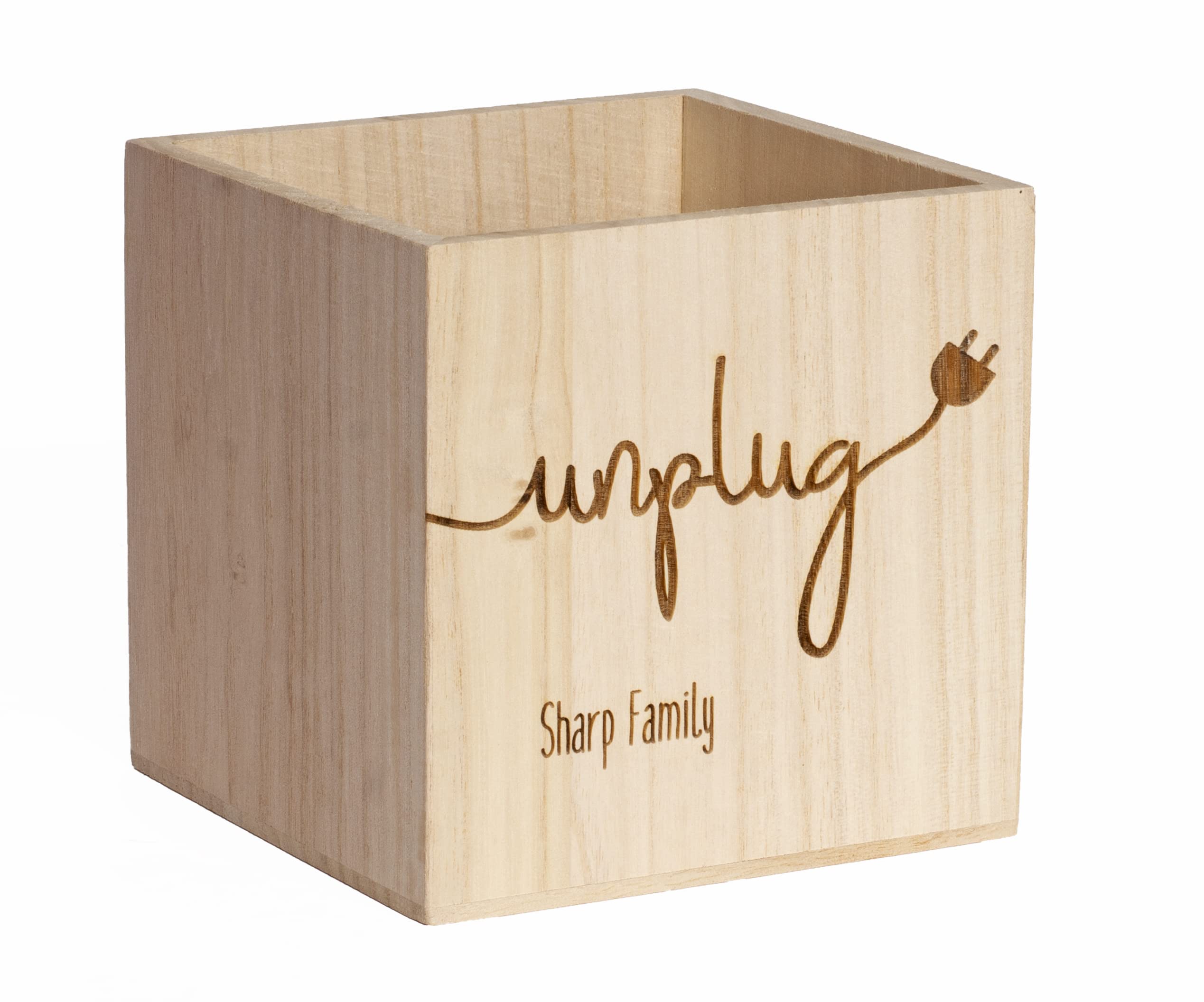 Unplug Phone Box Crate wooden cell phone holder on a table
