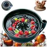 Close up of handmade ceramic berry bowl washer with holes showing raised center cone