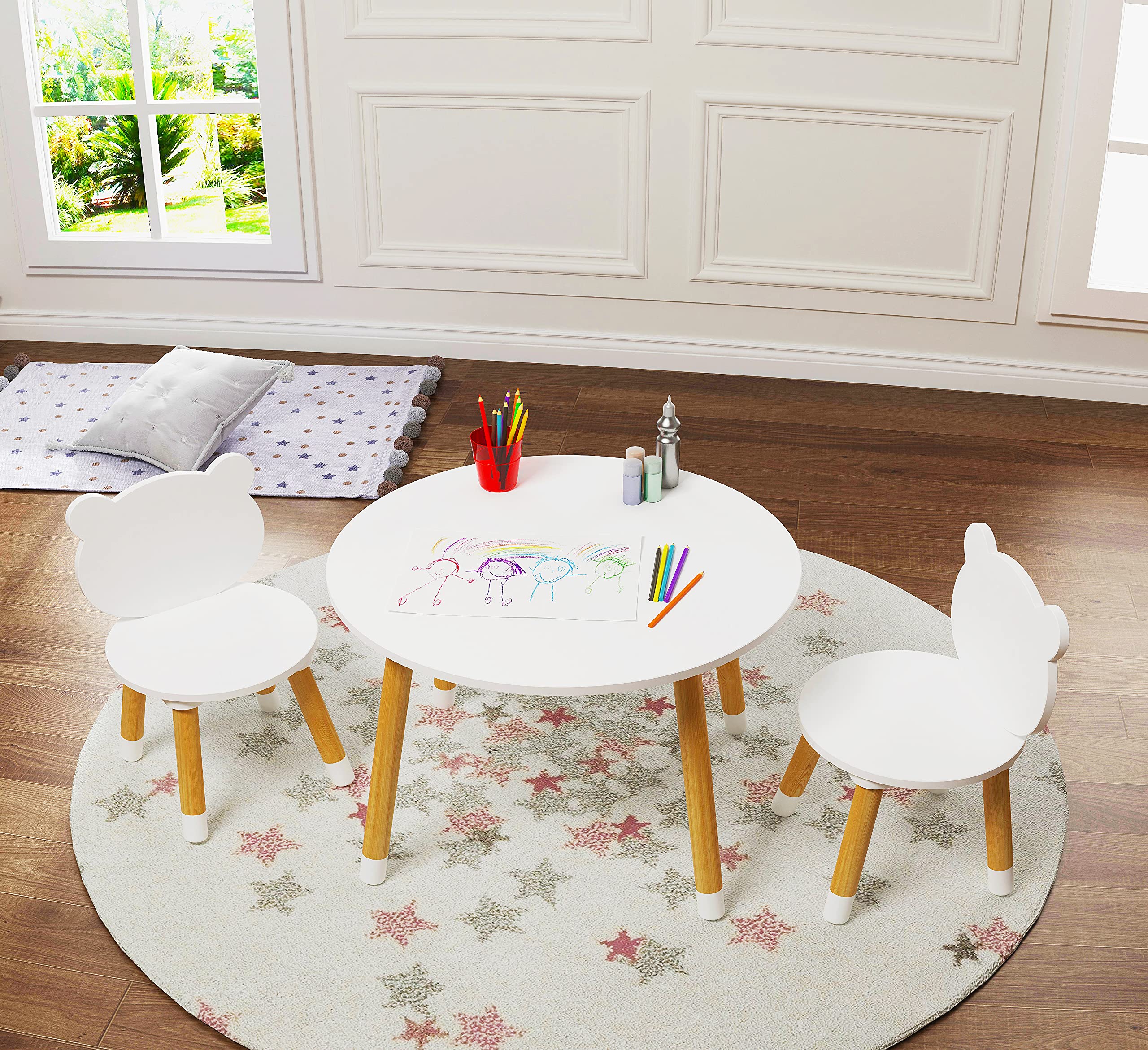UTEX bear themed wooden toddler table in white with wood-toned legs