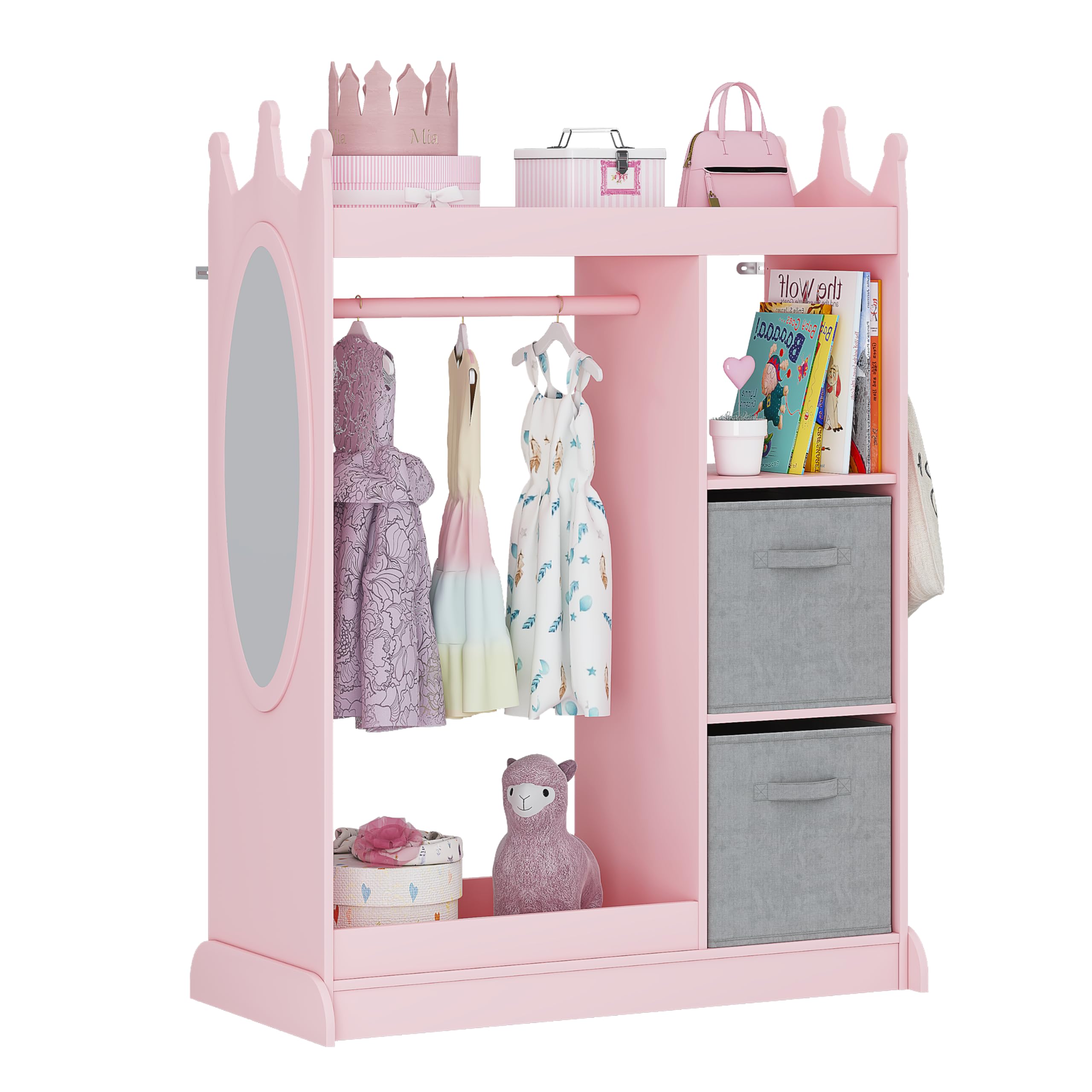 UTEX Kids Armoire Wardrobe Closet with Mirror and Storage Bin front view